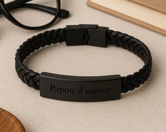 Pulsera de cuero personalizada para hombre, pulsera de cuero negro, pulsera con nombre grabado, regalo del Día del Padre para hombre, esposo, papá, hermano, joyería para hombre