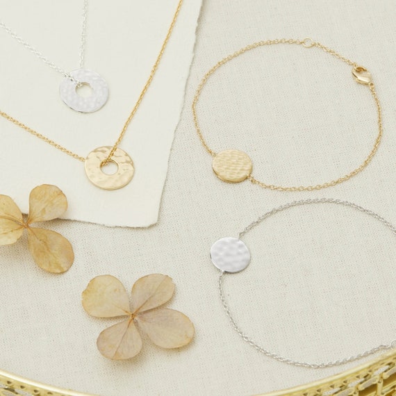 Personalized Hammered Target Medal Necklace, Silver, Engraved Name