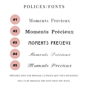 Puede incluir: Cinco estilos de fuente diferentes para la frase "Moments Pr&eacute;cieux" en texto negro sobre fondo blanco. Los estilos de fuente est&aacute;n numerados del 1 al 5. El texto "PR&Eacute;CISEZ NOUS PAR MESSAGE LA POLICE QUE VOUS SOUHAITEZ." est&aacute; en texto negro m&aacute;s peque&ntilde;o debajo de los estilos de fuente. El texto "TELL US BY MESSAGE THE FONT THAT YOU WANT." est&aacute; en texto negro m&aacute;s peque&ntilde;o debajo del texto anterior.