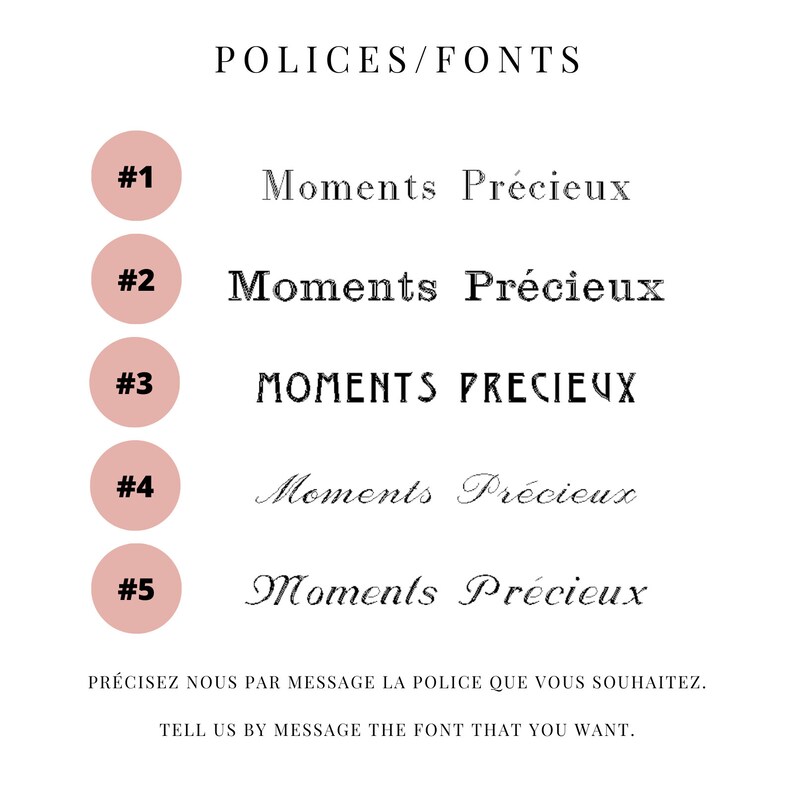Puede incluir: Cinco estilos de fuente diferentes para la frase "Moments Pr&eacute;cieux" en texto negro sobre fondo blanco. Los estilos de fuente est&aacute;n numerados del 1 al 5. El texto "PR&Eacute;CISEZ NOUS PAR MESSAGE LA POLICE QUE VOUS SOUHAITEZ." est&aacute; en texto negro m&aacute;s peque&ntilde;o debajo de los estilos de fuente. El texto "TELL US BY MESSAGE THE FONT THAT YOU WANT." est&aacute; en texto negro m&aacute;s peque&ntilde;o debajo del texto anterior.