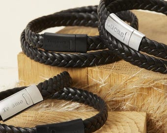 Pulsera de hombre, cuero trenzado, pulsera de cuero negro, pulsera de hombre personalizada, hebilla de plata, joyería de hombre, regalo para hombre, Día del Padre, Navidad