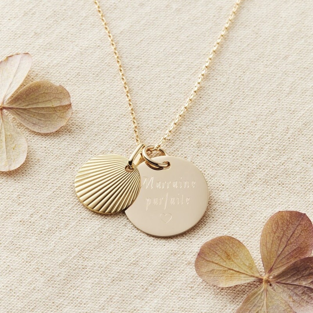 Engraved Medallion Necklace & Seashell Charm, Gold Plated, Engraved ...