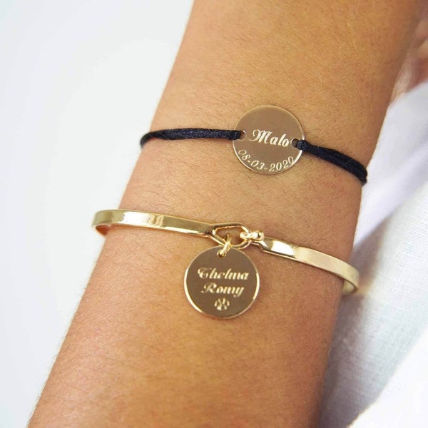 Bracelet personnalisé cordon avec médaille à graver plaqué or,  cadeau maman fête des mères cadeau naissance bracelet prénom