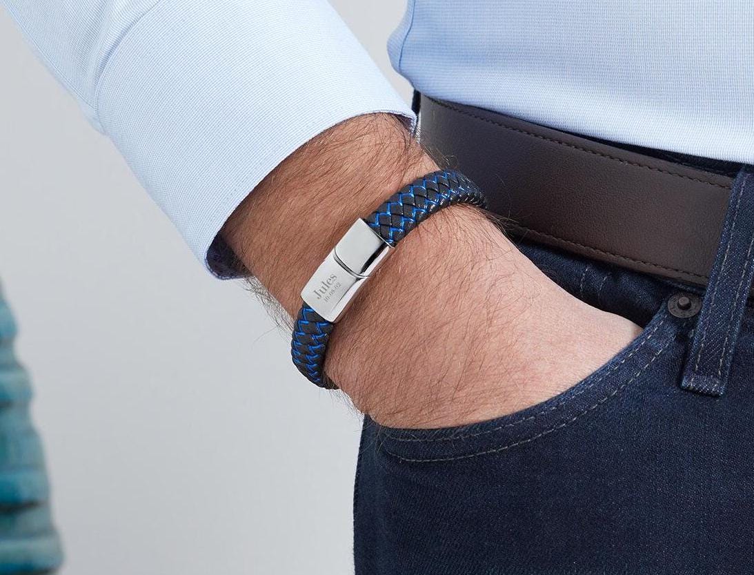 Personalized men's leather bracelet, blue & black leather bracelet, engraved name bracelet, men's Father's Day gift, husband, dad