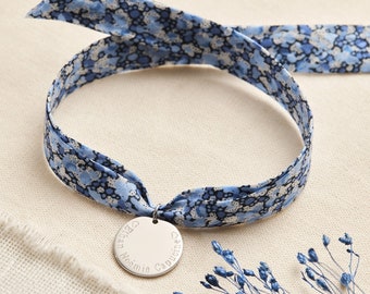 Liberty print ribbon bracelet with engraved medallion, silver, bachelorette party gift, mom gift, women's jewelry, Mother's Day gift
