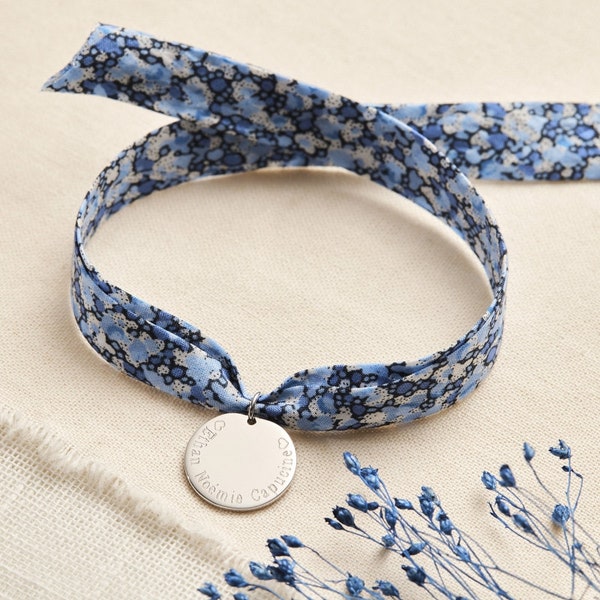 Bracelet personnalisé cordon liberty bleu avec médaille en argent, EVJF, cadeau maman, bijou femme, cadeau fête des mères