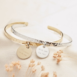 Hammered bangle bracelet with engraved medallion, silver, birthday gift, bridesmaid