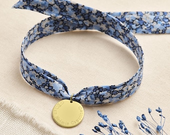 Liberty print ribbon bracelet with engraved medallion, gold plated, Mother's Day gift, personalized hen party