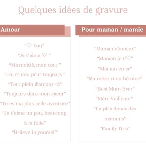 Puede incluir: Un gr&aacute;fico rosa y blanco con el texto "Quelques id&eacute;es de gravure" en la parte superior. El gr&aacute;fico est&aacute; dividido en dos secciones, una titulada "Amour" y la otra titulada "Pour maman / mamie". Cada secci&oacute;n contiene una lista de frases en franc&eacute;s, como "You", "Je t'aime", "Ma moiti&eacute;, mon tout", "Toi et moi pour toujours", "Tout plein d'amour <3", "Toujours dans mon coeur", "Tu es ma plus belle aventure", "Je t'aime un peu, beaucoup, &agrave; la folie", "Believe in yourself", "Maman d'amour", "Maman je t'", "Maman en or", "Ma m&egrave;re, mon h&eacute;ro&iuml;ne", "Best Mum Ever", "M&egrave;re Veilleuse", "La plus douce des mamans", y "Family first".