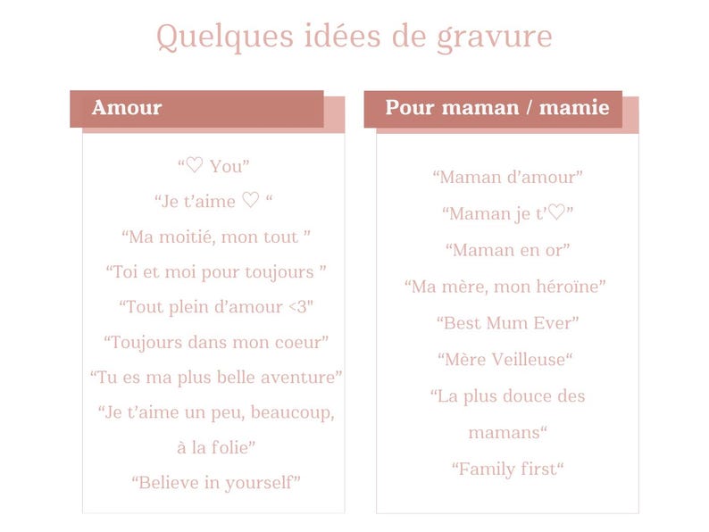 Puede incluir: Un gr&aacute;fico rosa y blanco con el texto "Quelques id&eacute;es de gravure" en la parte superior. El gr&aacute;fico est&aacute; dividido en dos secciones, una titulada "Amour" y la otra titulada "Pour maman / mamie". Cada secci&oacute;n contiene una lista de frases en franc&eacute;s, como "You", "Je t'aime", "Ma moiti&eacute;, mon tout", "Toi et moi pour toujours", "Tout plein d'amour <3", "Toujours dans mon coeur", "Tu es ma plus belle aventure", "Je t'aime un peu, beaucoup, &agrave; la folie", "Believe in yourself", "Maman d'amour", "Maman je t'", "Maman en or", "Ma m&egrave;re, mon h&eacute;ro&iuml;ne", "Best Mum Ever", "M&egrave;re Veilleuse", "La plus douce des mamans", y "Family first".
