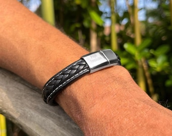 Men&#39;s engraved black leather bracelet, personalized jewelry, gift idea for dad, husband, brother, Father&#39;s Day, wedding anniversary, personalized stag party