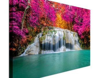 Amazing  waterfall in autumn forest Canvas Wall Art Picture Print