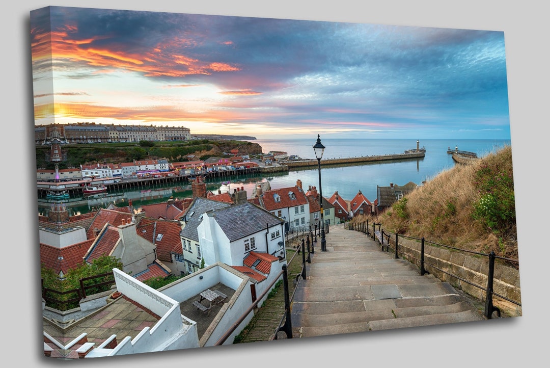 Stunning Sunset Over the 199 Steps Leading Down to Whitby Harbour on ...