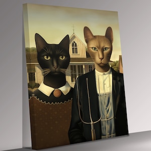 American Gothic by Grant Wood as Cats Canvas Wall Art Picture Print Ready To Hang Stretched Over A Frame