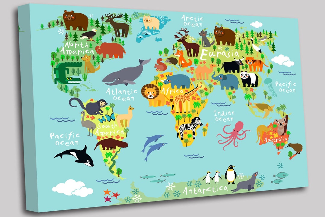Kids Animal World Map for Children Canvas Wall Art Picture Print ...