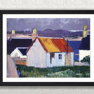 May include: A framed painting of a coastal village. The artwork shows white buildings with red and yellow roofs, set against purple mountains and a blue sea. The painting is in a black frame.