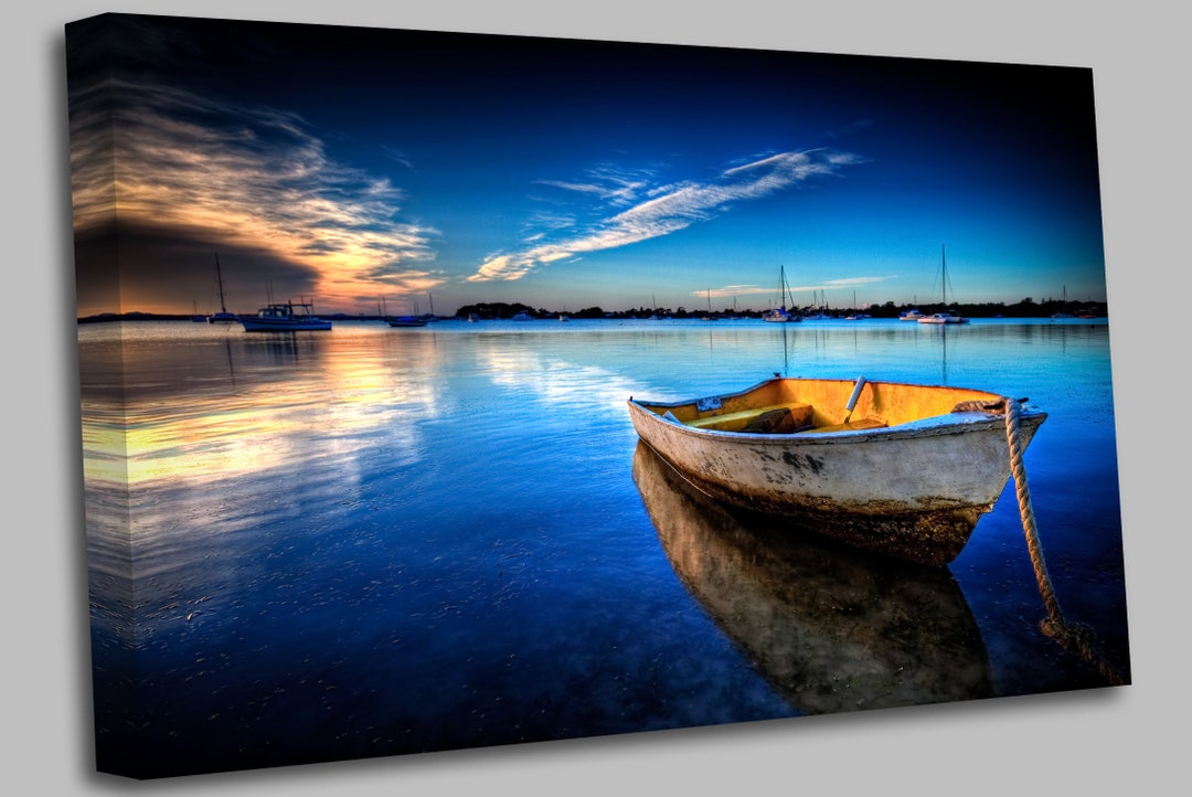 Landscape Blue Boat on Sea & Sky Painting Canvas Wall Art Picture Print ...