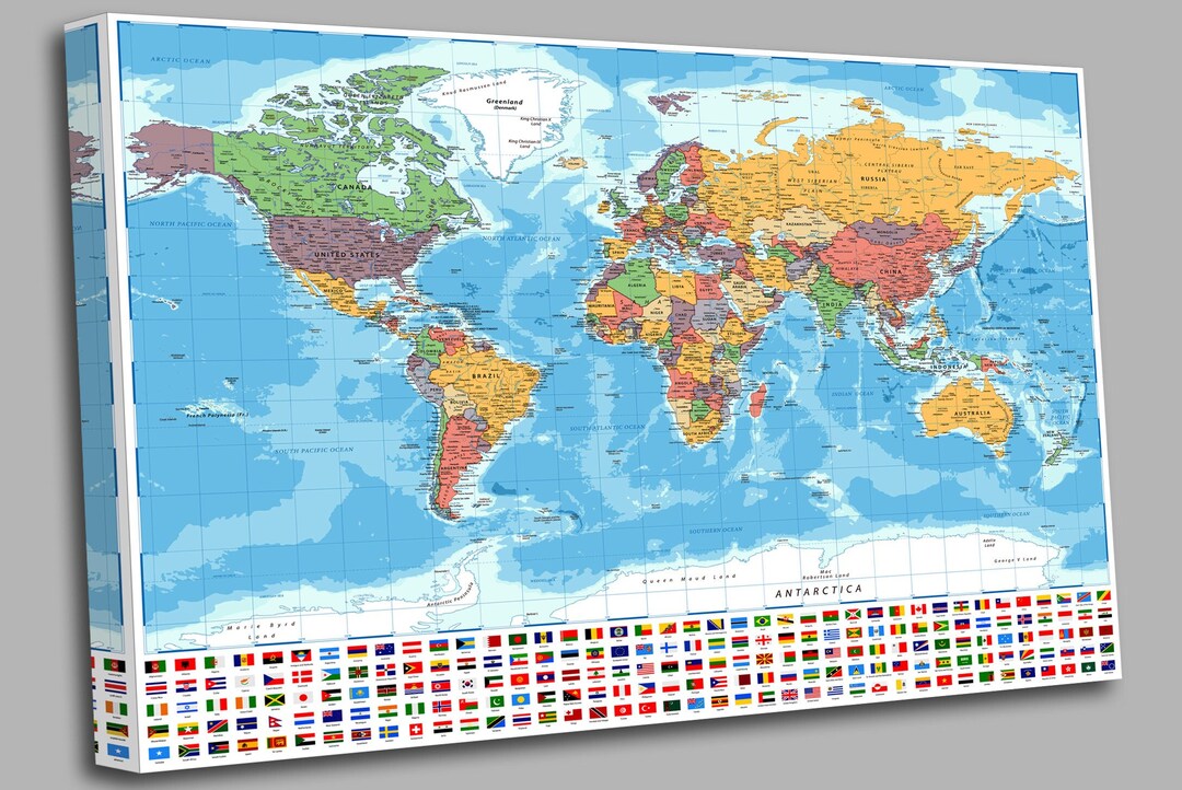 World Map Political and Flags Canvas Wall Art Picture Print - Etsy