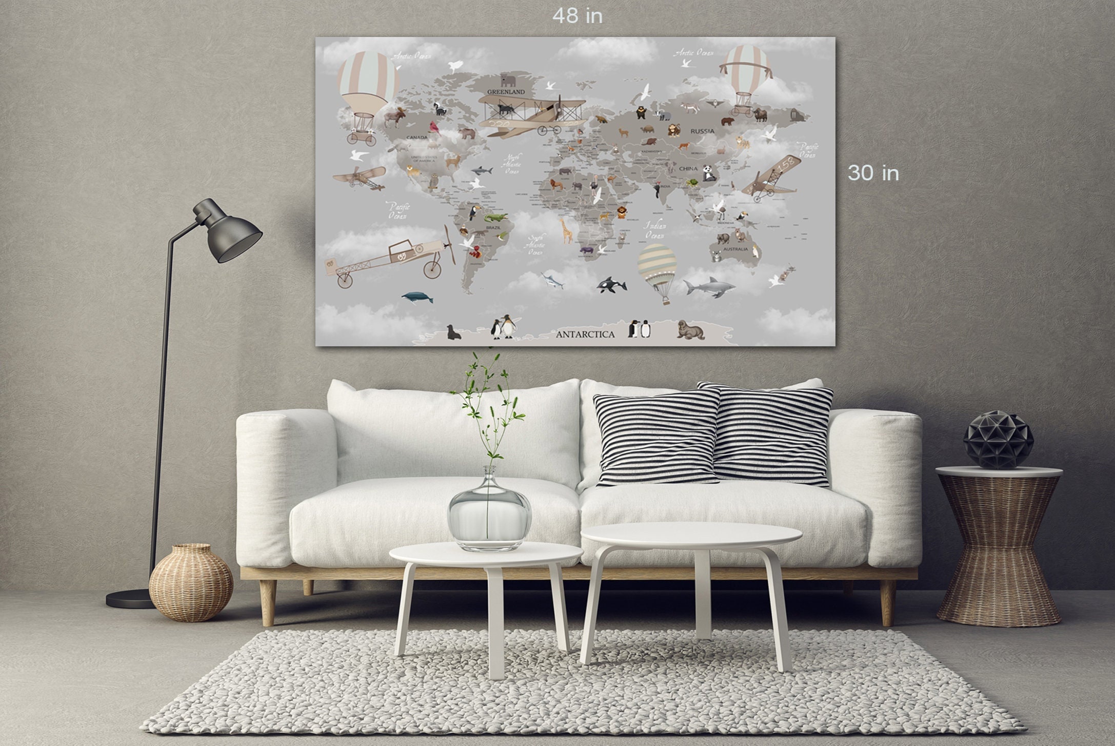 World Map Animals for Kids Room Canvas Wall Art Picture Print - Etsy UK