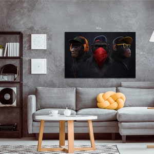 Banksy 3 Monkeys Canvas Wall Art Posters and Prints Gorilla Street Art Paintings Animal Graffiti Art Pictures Wall Decor 85x115cm (33.5x45.3in) Withframe