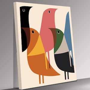 Mid-Century Modern Bird Canvas Print | Retro Colorful Bird Art | Vintage-Inspired Wall Decor | Geometric Nature Artwork for Home