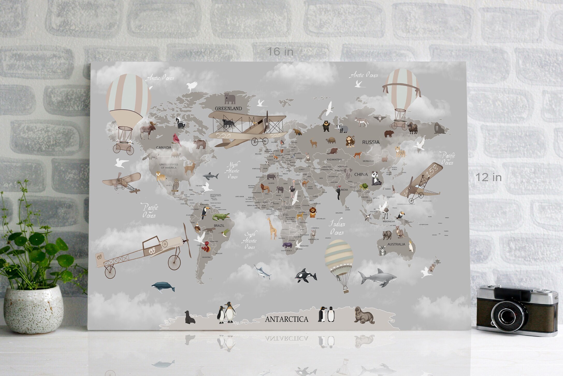 World Map Animals for Kids Room Canvas Wall Art Picture Print - Etsy UK