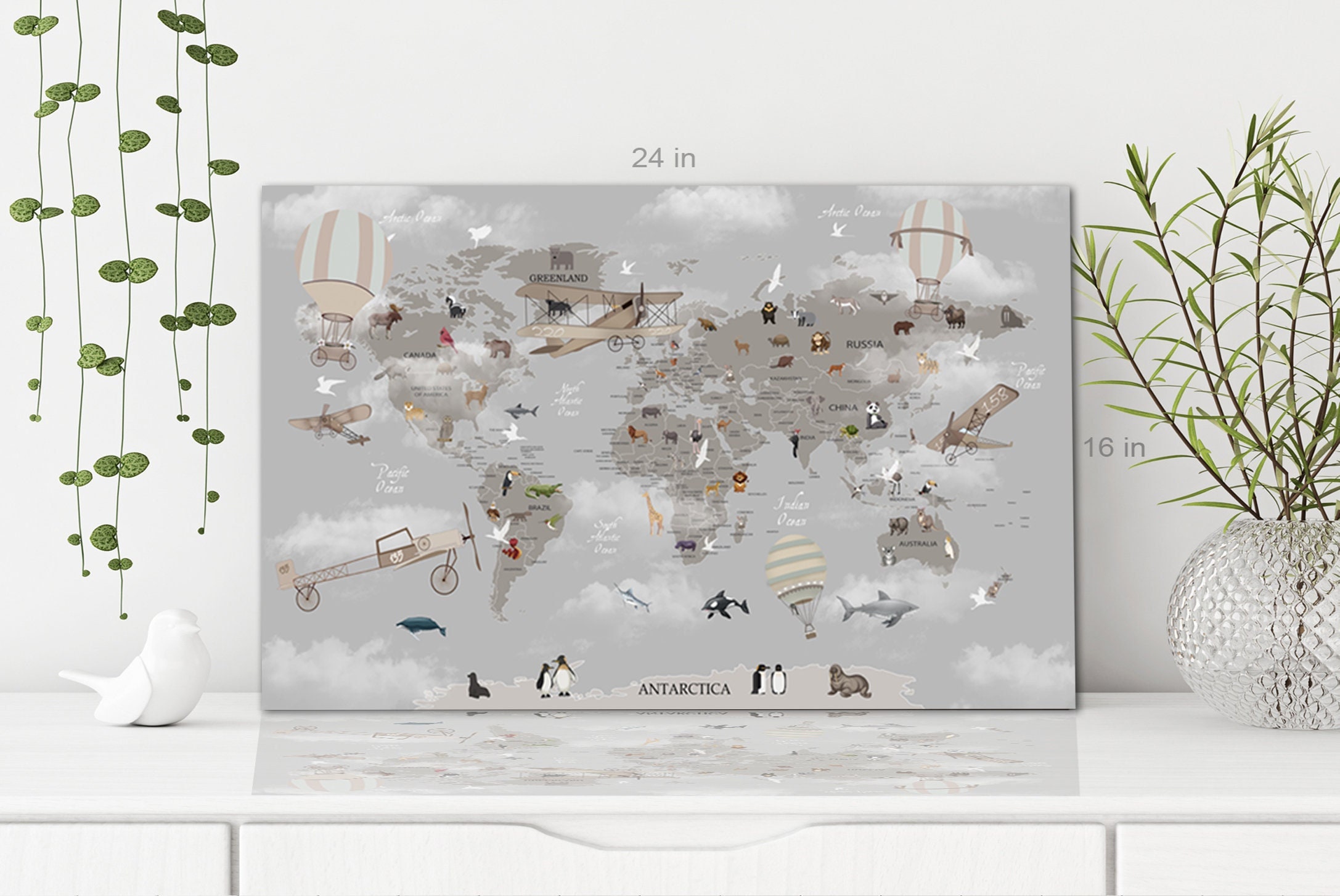 World Map Animals for Kids Room Canvas Wall Art Picture Print - Etsy UK