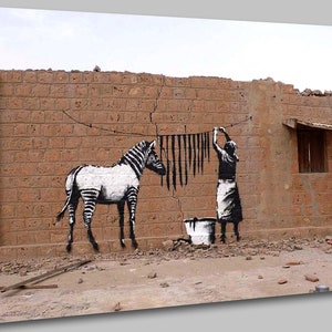 Banksy Zebra Stripes Washing Line Canvas Wall Art Picture Print Ready To Hang