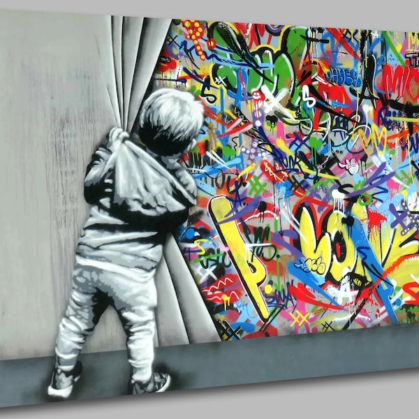 Banksy Little Boy Pulls Graffiti Curtain Canvas Wall Art Picture Print