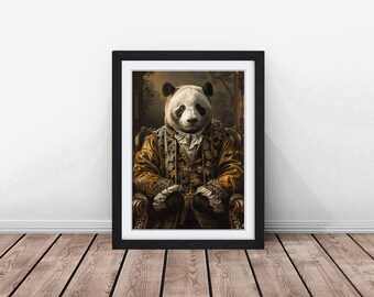 Panda Vintage Portrait, Animal Head Human Body, Victorian Style Animal Painting, Altered Art Print, Framed  Print