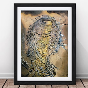 May include: A surrealist painting depicting a woman's face with a geometric pattern on her head. The face is surrounded by a swirling, abstract background.