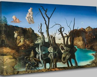 Könnte beinhalten: Ein surreales Ölgemälde auf Leinwand, das drei Elefanten in einem Wasserbecken zeigt, deren lange Rüssel sich zu Schwanenformen spiegeln. Die Landschaft umfasst kahle Bäume, felsige Klippen, einen blauen Himmel und eine einsame Figur.