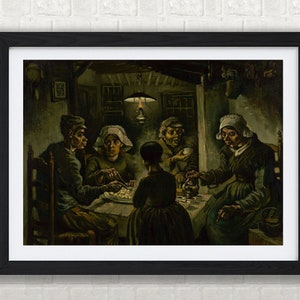 May include: A painting depicting a group of people seated around a table in a dimly lit room. The people are dressed in simple clothing and appear to be eating a meal. The painting is done in a style reminiscent of Vincent van Gogh, with bold brushstrokes and a sense of movement.