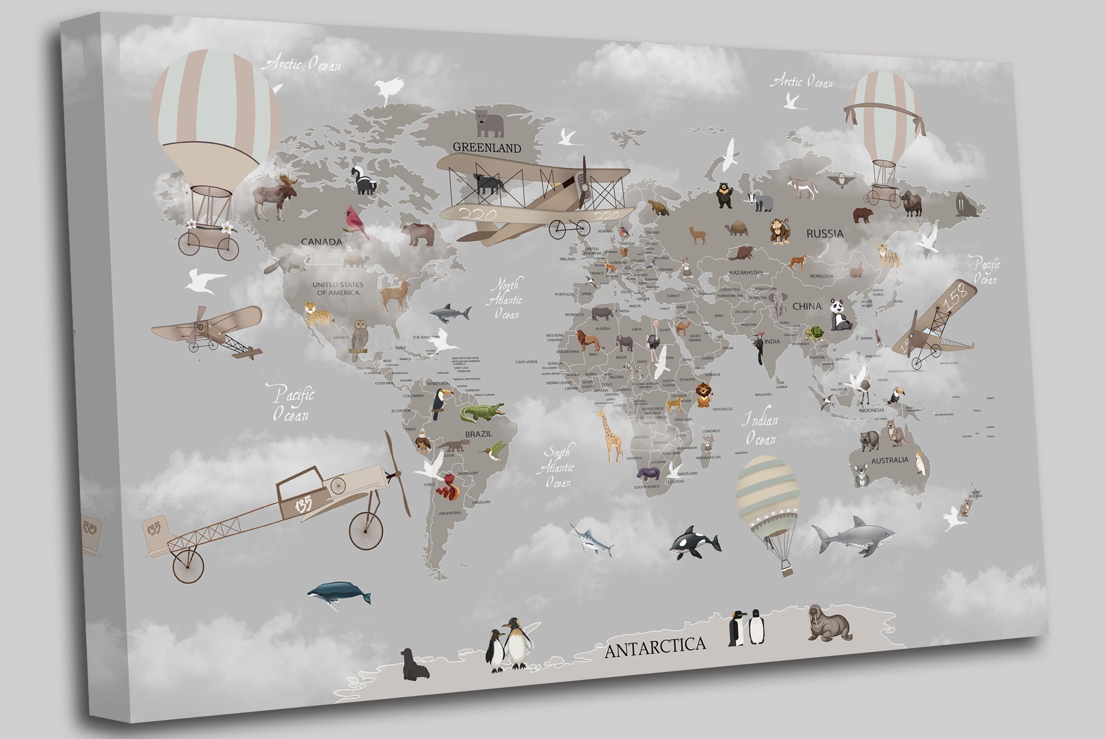 World Map Animals for Kids Room Canvas Wall Art Picture Print - Etsy UK