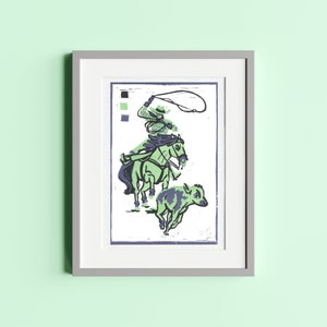 Calf Roping, original linocut print in 3 colors