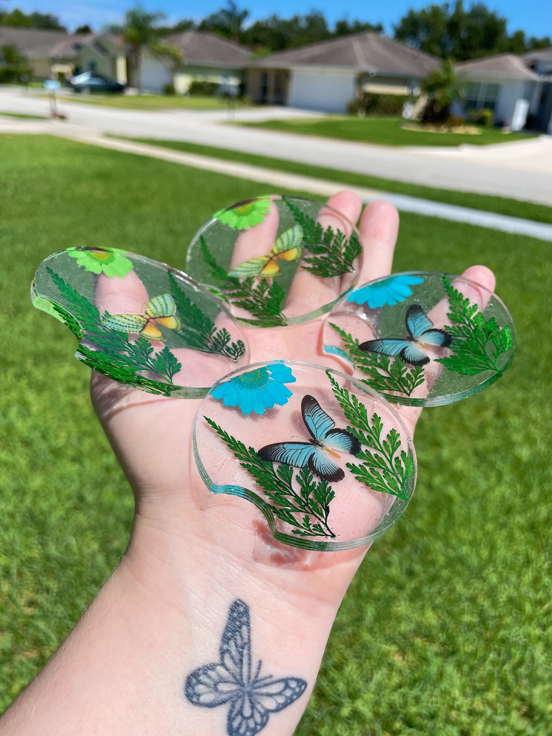 Set of 2 Butterfly Custom Resin Car Coaster Car Accessories Resin Car