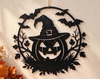 Halloween 3D Printed Wall Art, Pumpkin Witch Hat and Bats, Black Jack O Lantern Wall Decor, Spooky Farmhouse Halloween Decoration