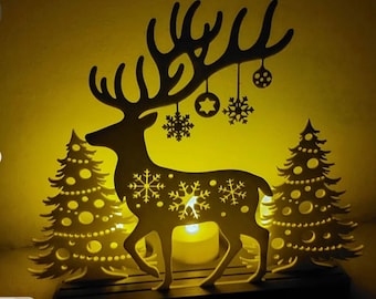 3D Printed Christmas Deer Tea Light Holder, Lighted Woodland Reindeer Decor, LED Candle Centerpiece, Snowflake Christmas Tree Decoration