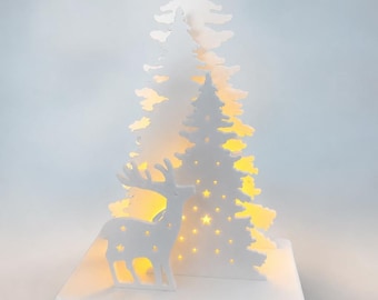 Woodland Christmas Tree & Deer Lighted Decor | Rustic Holiday Tabletop Decoration