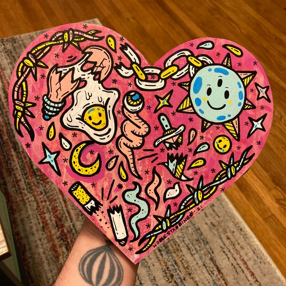 CRACKED SMILE acrylic painting 5x5 on Wood Block unframed psychedelic