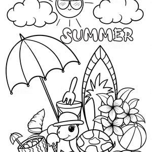 May include: A black and white line drawing of a summer scene with a turtle wearing a hat and sunglasses, an umbrella, a surfboard, a beach ball, a coconut with a straw, and ice cream cone. The word "SUMMER" is written in large letters at the top of the image.