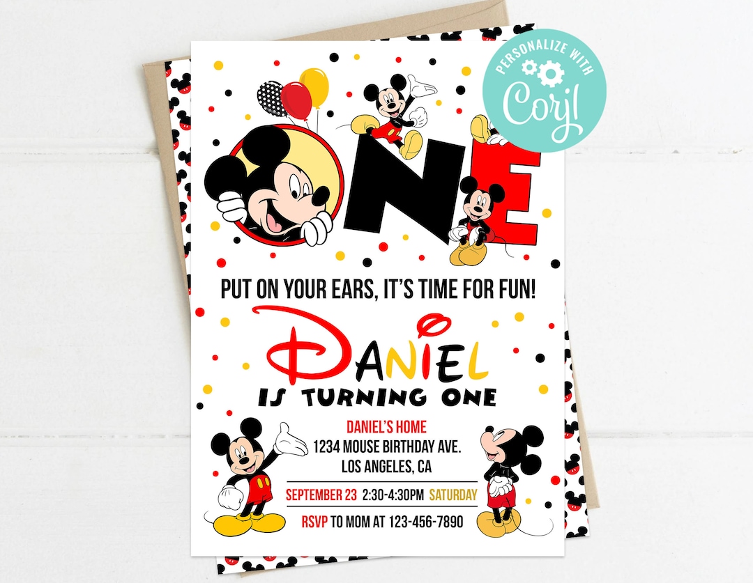 Mickey Mouse First Birthday Invitation Boy Mickey 1st Birthday