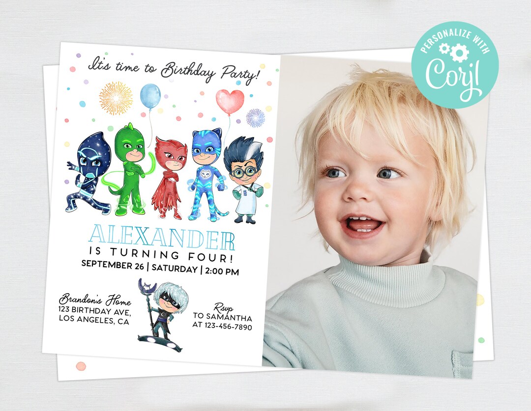 PJ Masks Birthday Invitation Photo Picture Boy Party Instant Etsy