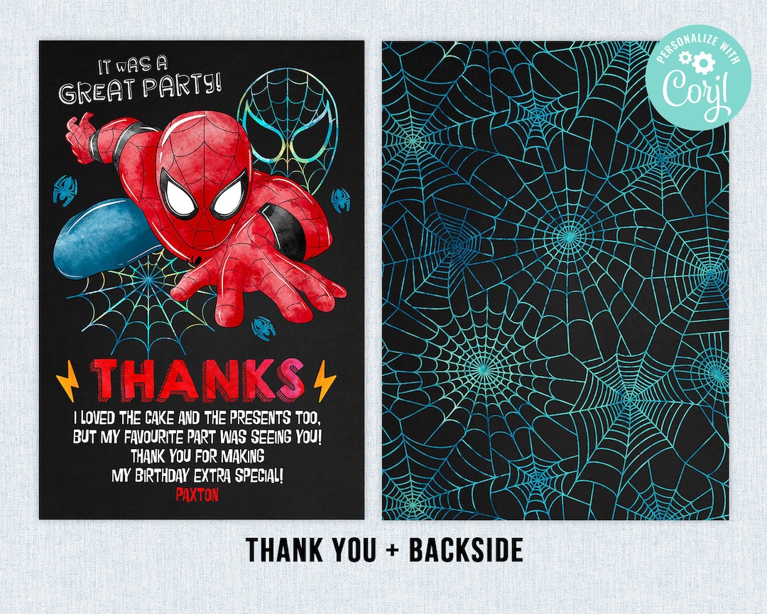 Spiderman Thank You Card Birthday Boy Superhero Party Etsy