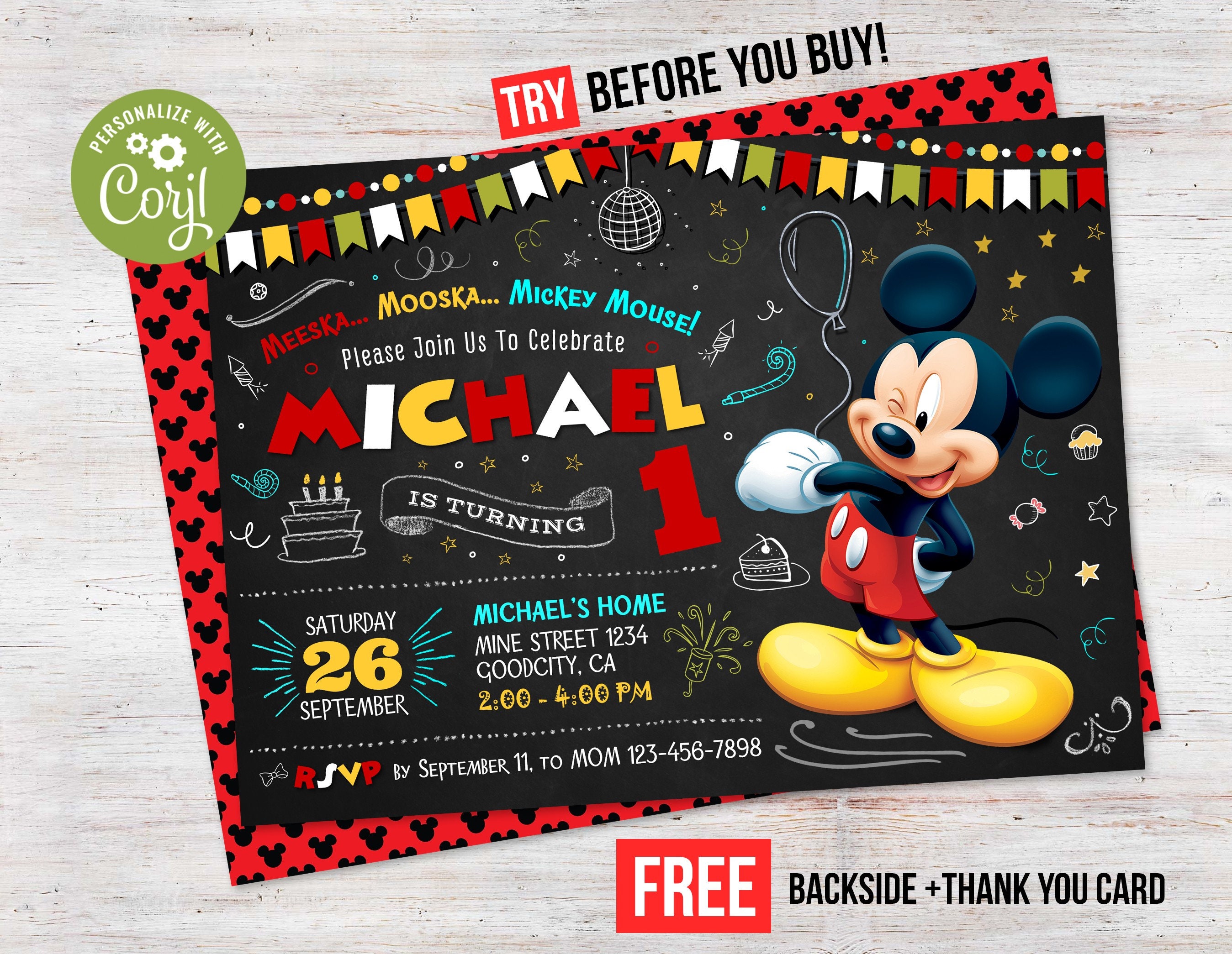 Mickey Mouse First Birthday Invitation Boy Instant Download Etsy