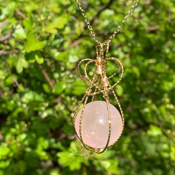 Rose Quartz Sphere Natural Gemstone Vintage Pendant Copper Wire Wrapped 