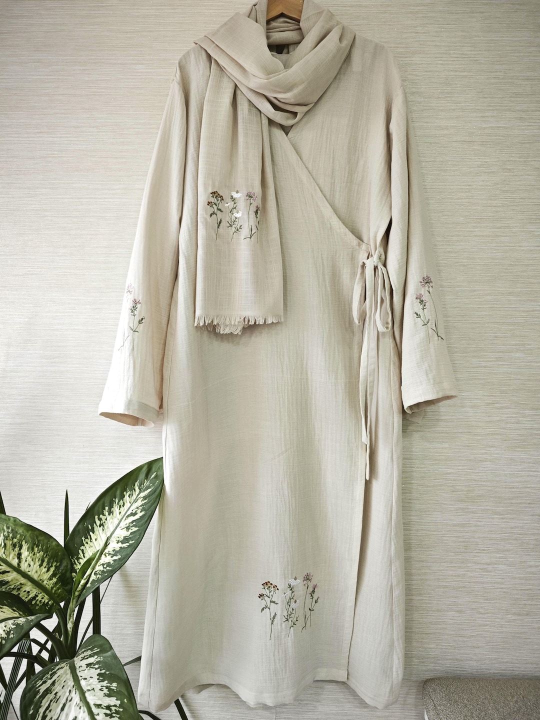 Embroidered Cotton Muslin Wrap Dress, Modest Abaya, Handmade Turkish ...