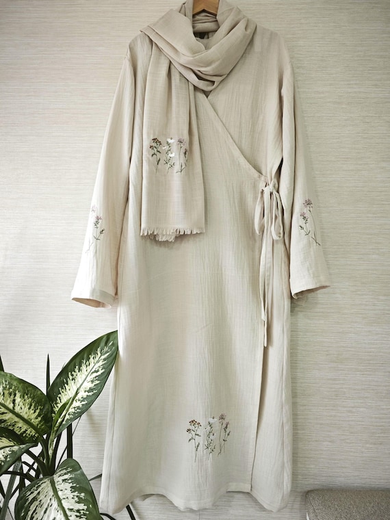 Embroidered Cotton Muslin Prayer Dress, Modest Abaya, Jilbab,Umrah Attire, Mother's Day Gifts