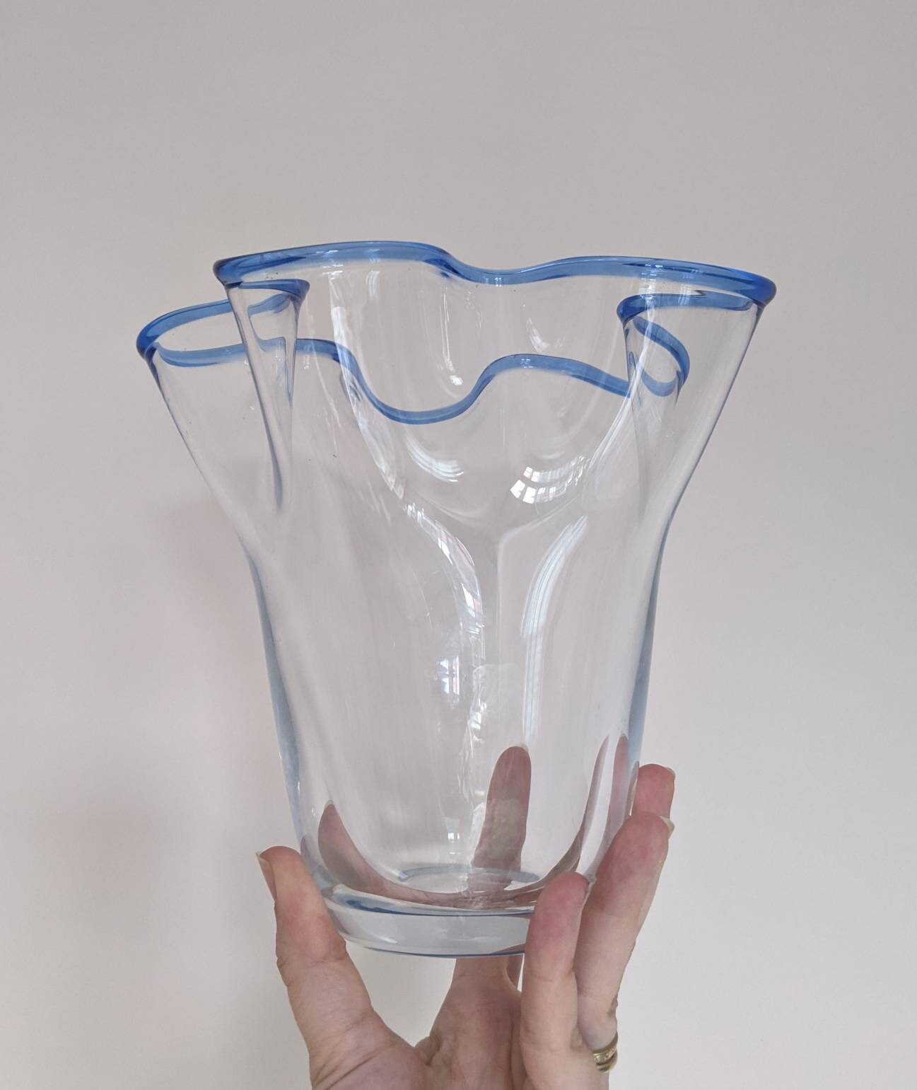 Modern crystal glass art vase with wavy blue rim by Villeroy Etsy