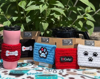 Paw Print Cup Sleeve: Dog & Cat Lover Gift, Acrylic Yarn